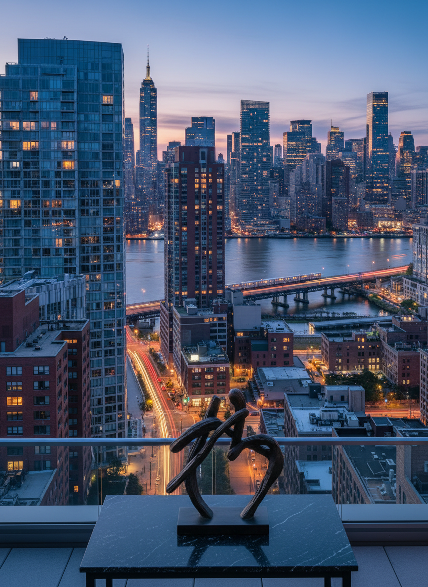 A sweeping cinematic skyline of Queens and Manhattan at blue hour, seen from a high rooftop terrace in Long Island City. Glass residential towers with warm interior glows rise beside converted brick warehouses, while the East River reflects streaks of taxi and subway light. In the foreground, a sleek black stone table holds a minimalist bronze sculpture inspired by traditional Chinese calligraphy strokes, adding subtle cultural symbolism. Cool ambient city light mixes with the last warm hints of sunset, creating a sophisticated, future-forward mood. Shot with a wide-angle lens and deep focus, using a balanced composition that emphasizes urban innovation, wealth, and cross-cultural elegance in photographic realism.