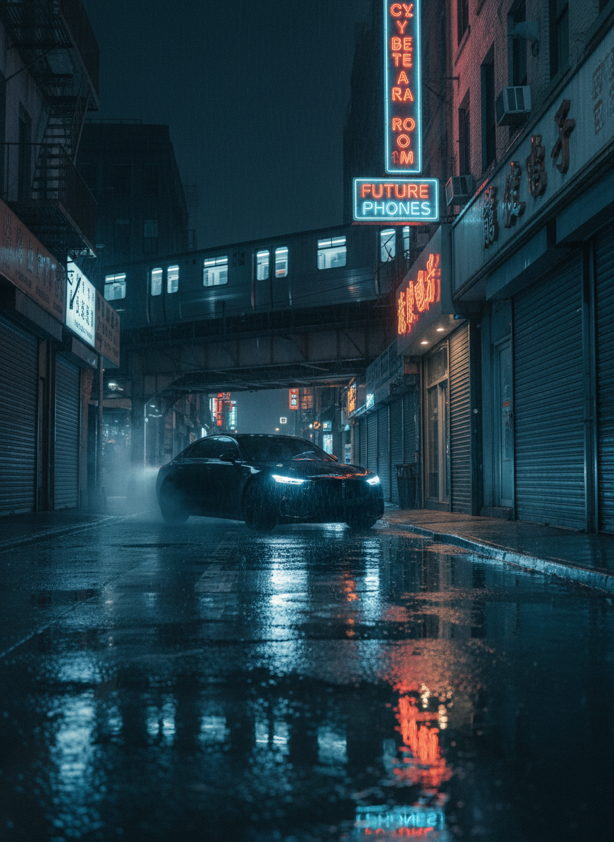 A rain-slicked Queens side street at night near Flushing, transformed into a cinematic corridor of light. Neon signage in English and Chinese characters reflects in glossy pavement, while metal roll-down gates of boutiques and tech repair shops glisten under passing train light. A luxury black electric sedan glides through a shallow puddle, its headlights illuminating steam rising from a sidewalk vent. Overhead, the elevated subway casts rhythmic shadows on tiled building facades. Cool blue ambient light is punctuated by warm red and gold neon, creating a moody, high-end cyber-urban atmosphere. Framed from a low angle with a long lens, the composition feels like a still from a future-focused NYC noir.