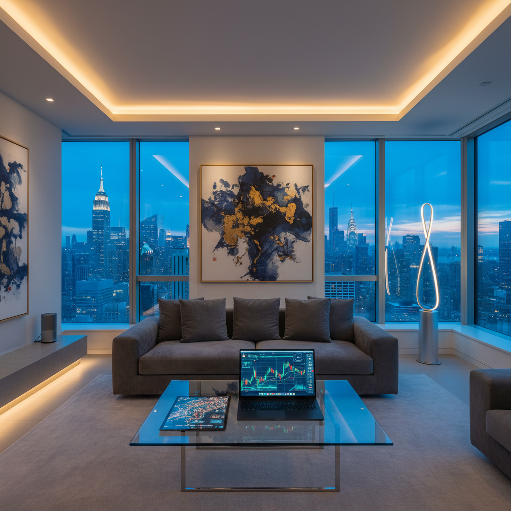 A meticulously styled penthouse living room in Queens with floor-to-ceiling windows framing the Manhattan skyline at dusk. A low-profile charcoal velvet sofa faces a glass coffee table displaying an open, bezel-less laptop streaming market charts and a fold-out digital city map. On the wall, an abstract ink painting subtly echoes Chinese brushwork, rendered in deep indigo and gold. Discreet smart speakers and a sculptural LED floor lamp highlight tech sophistication. Soft, indirect cove lighting and the cool twilight outside create a cinematic, contemplative atmosphere. Captured at eye level with a slightly wide lens, the composition balances luxury lifestyle, entrepreneurship, and modern Chinese-influenced aesthetics.