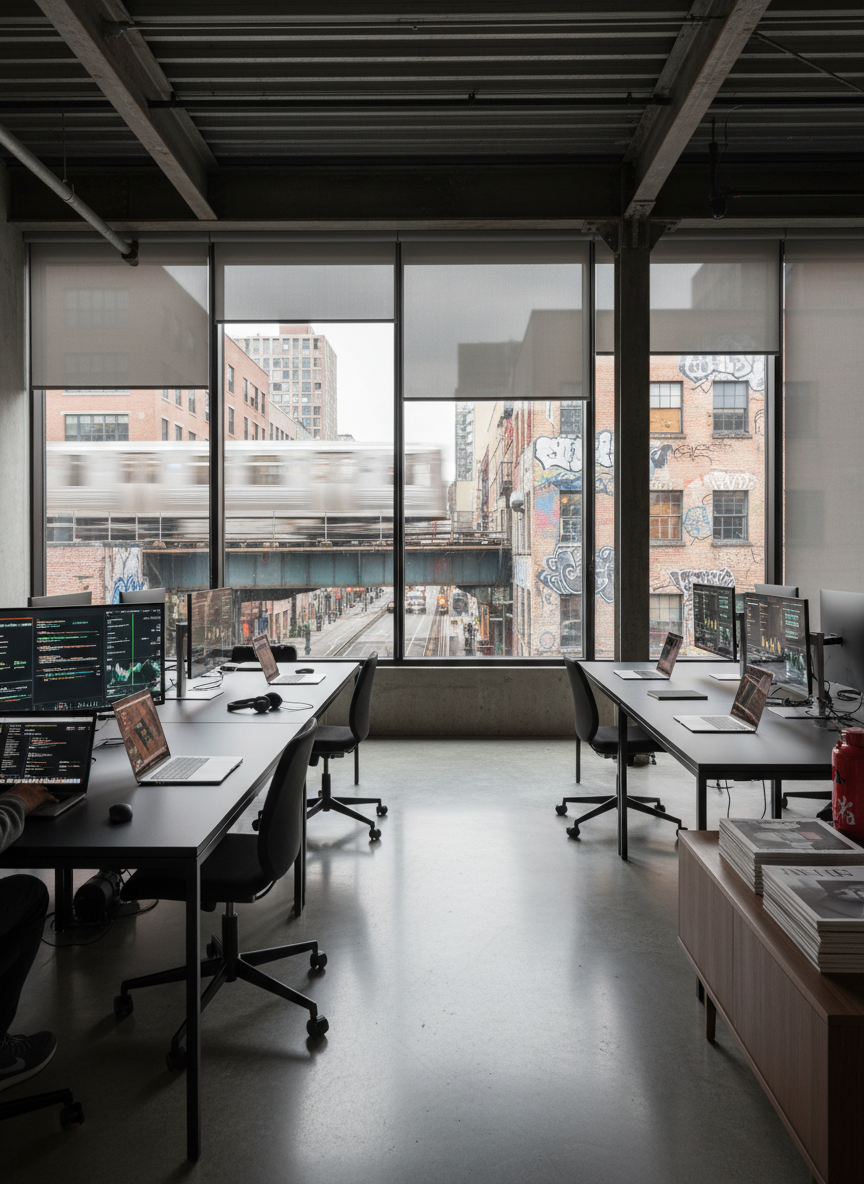An ultra-modern co-working loft in Queens with polished concrete floors, exposed steel beams, and a panoramic window overlooking elevated subway tracks and graffiti-splashed brick buildings. Long matte-black communal desks hold clusters of slim laptops, wireless headsets, and translucent OLED screens displaying code and financial dashboards. On a side credenza, a red lacquer tea set with minimalist Chinese design sits beside a stack of high-end architecture magazines. Daylight filters through sheer screens, casting geometric shadows across the space. The mood is energetic yet refined, captured from a slightly elevated angle with shallow depth of field, focusing on the nearest workstation while the urban landscape melts into a soft bokeh glow in the background.