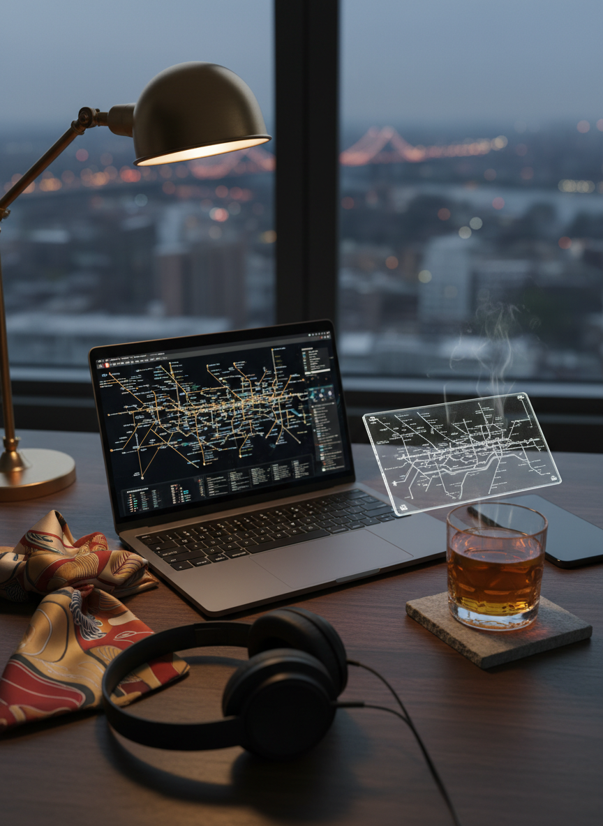 A close-up cinematic still life of an editorial desk in a high-rise Queens newsroom. A dark walnut desk surface holds a thin, matte-black laptop displaying a city data visualization, a glass smartphone with a holographic Queens transit overlay, and a pair of noise-cancelling headphones resting on a folded silk scarf patterned with contemporary Chinese motifs. A crystal tumbler of oolong tea sits on a square stone coaster, faint steam curling upward. Behind, a floor-to-ceiling window reveals a blurred cityscape with bridges and towers. Warm task lighting from an adjustable brass lamp creates dramatic highlights and shadows, conveying an atmosphere of focused, high-level cultural analysis. Shot from a three-quarter overhead angle with shallow depth of field for an intimate, premium editorial feel.